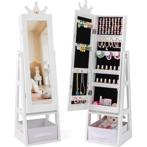 GOPLUS Armoire a Bijoux Enfant Fille, 3 en 1 Armoire à Bijoux avec Miroir sur Pied, Organiseur de Bijoux avec Tiroir Pliable, Anti-Basculement, Meuble pour Chambre d'enfant (Blanc) (1/5)