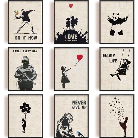 Lot de 9 Impressions sur Toile de Banksy - Panda Sans Cadre - Citations Inspirantes - Pour Chambre à Coucher, Salon - 20,3 x 25,4 cm (1/5)