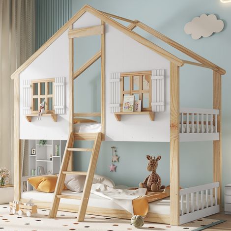 Lit superposé enfant style maisonnette 90x200 cm, bois massif et MDF blanc+naturel, avec toit, fenêtres, échelle inclinée et sommier à lattes (1/5)