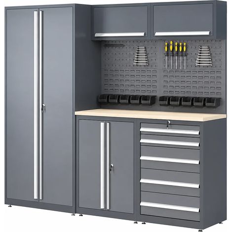 Établi en bois et acier avec colonne double - L240 x P57 x H202 cm - Gris anthracite - ATELIOR (1/5)