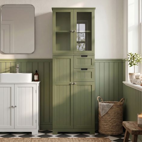 Meuble haut de rangement, armoire avec portes vitrées et étagères réglables pour salle de bain, cuisine, salon, vert (1/5)