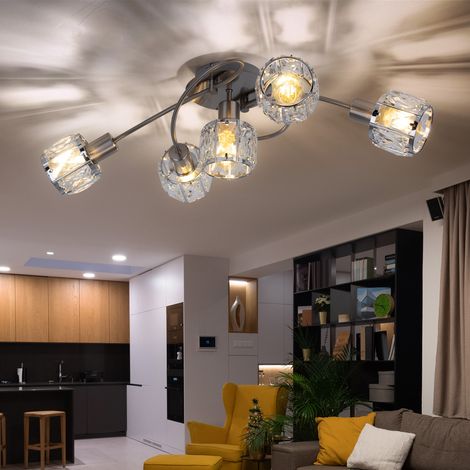 Plafonnier cristaux lampe de salon plafonnier chrome, nickel mat, 5x douilles E14, LxlxH 61,4x36x21 cm (1/5)