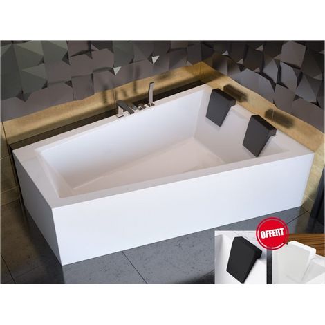 Otitec – Baignoire asymétrique droite 180x125 cm en acrylique blanc – Tablier inclus – Repose-tête OFFERT – Conception moderne et spacieuse