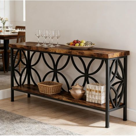 Table console industrielle 160 x 30 x 80 cm avec étagères ouvertes, bois rustique et noir OKMYHOME (1/5)