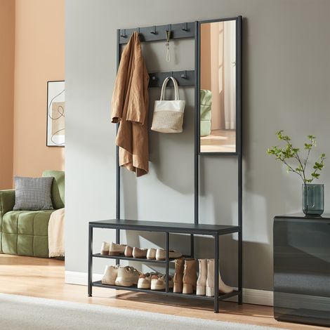 Garderobenständer Napinerg mit Spiegel und Schuhregal 185x98x34 cm Schwarz [en.casa]