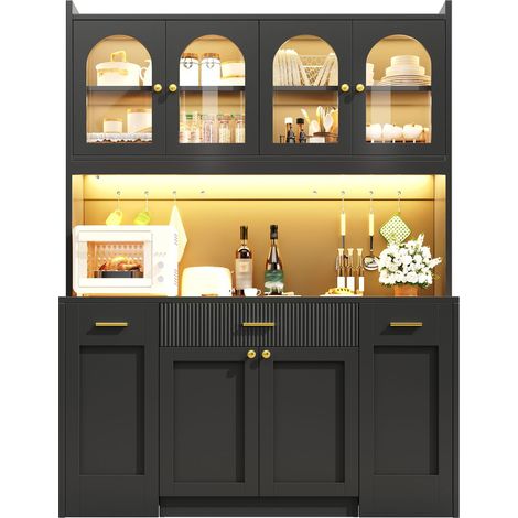 Vitrine meuble de rangement à éclairage led rgb 3 vitrines en verre tiroirs de rangement commande via application plateaux