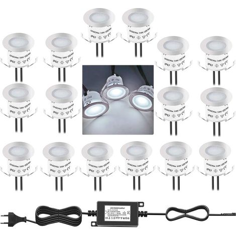 Un ensemble de 16 mini spots LED encastrés d'extérieur, étanches IP67, blanc lumière du jour 4500K, 32 mm, 0,6 W DC12V, adaptés aux trottoirs. (1/5)