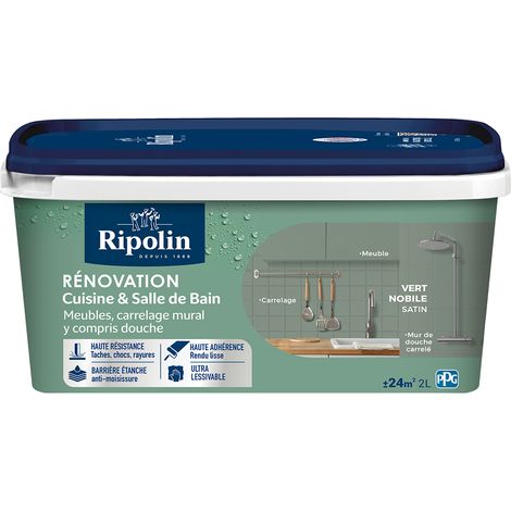 Peinture Rénovation Cuisine et Bain - Satin - 2L - Vert Nobile - Ripolin (1/5)