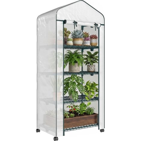 4 Tier Mini Portable Greenhouse Compact Plant Grow Shed Metal Frame PE Cover with Lockable Rolling Wheels , White