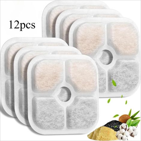 Lot de 12 filtres pour fontaine à eau pour animaux de compagnie, filtres à charbon actif 8,4 cm avec coton, élément filtrant carré pour fontaine automatique (1/5)