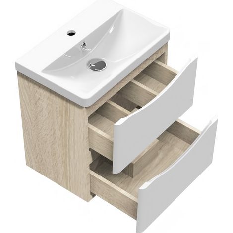 Acezanble – Meuble sous vasque 50cm – MDF blanc et chêne – Dimensions 495x345x500mm – Vasque prédécoupée pour tuyauterie