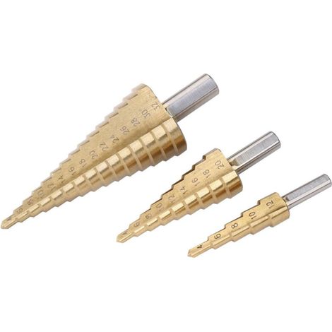 YMYNY Kit de 3 fraises coniques étagées 4-12 4-20 4-32 1/4" en titane - (1/3)