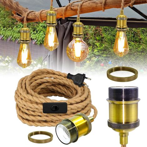 Retro Hanging Lamp with Hemp Rope 5.1 m Cable, E27 Vintage Brass Socket with Plug and Switch, Industrial Pendant Light, Chandelier Rope for Living Room Dining Room (1/5)