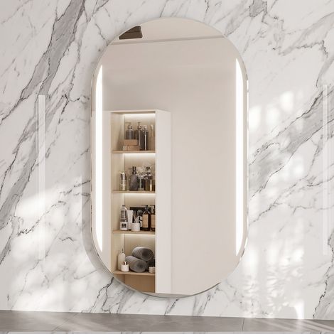 Specchio Bagno LED Ovale Verticale con Doppia Fascia di Luce Integrata 45x100 cm