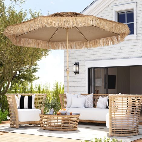 Sombrilla de jardín de paja para exteriores, Ø 294 cm, recta, mate, 8 varillas metálicas, protección UV, con manivela amarilla.