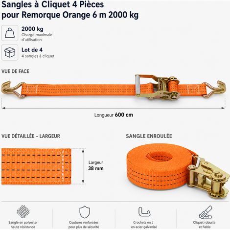 Sangles à Cliquet 4 Pièces pour Remorque Orange 6 m 2000 kg