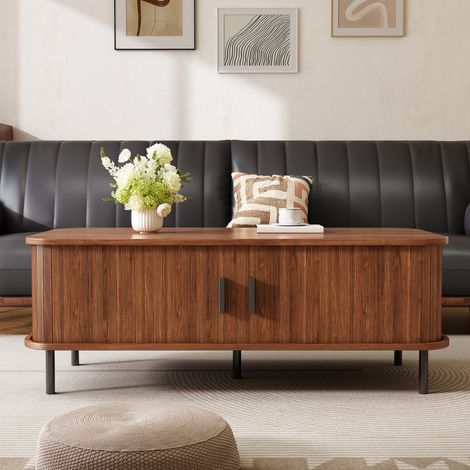 Table basse rectangulaire avec rangement, 2 portes coulissantes, façade à lattes verticales, bords arrondis, 120x55x45 cm - Salon (1/5)