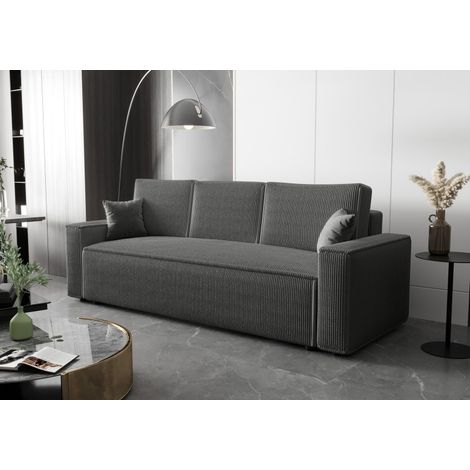 Canapé 3 places convertible AMBRI en velours côtelé 230 cm - Gris foncé (1/5)