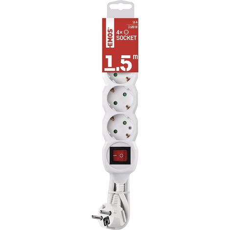 EMOS - Ciabatta elettrica a 4 prese da 1,5 m con interruttore - 4 prese Schuko ruotate 45° - 250 V, 16 A, 3680 W - Isolamento in PVC - H05VV-F3G 1,5 mm2 - Maggiore protezione da contatto - IP20 per (1/4)