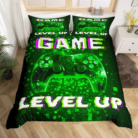 Parure de lit avec housse de couette de 135 x 200 cm - Motif manette de jeu - Vert fluo - Pour garçon (1/5)