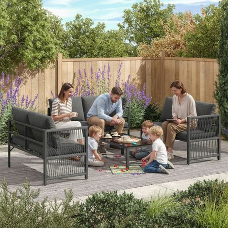 Outdoor L-Shaped Corner Sofa Set 5-6 Seater Garden Furniture with Coffee Table Weatherproof Patio Lounge Set Grey (1/5)