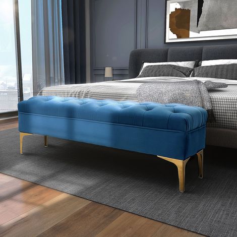 Banc banquette capitonnée bout de lit style classique chic dim. 118L x 45l x 42H cm piètement métal doré velours bleu