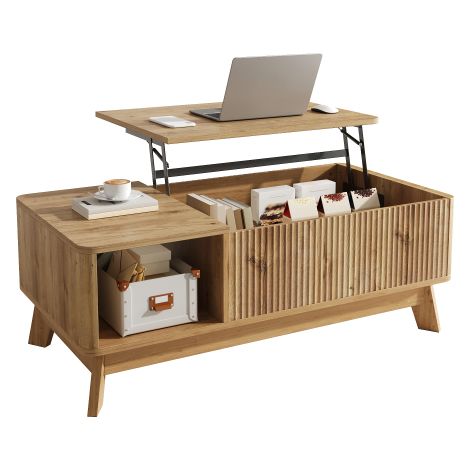 Table basse avec plateau relevable, design ondulé, compartiment latéral ouvert, en MDF, style moderne.