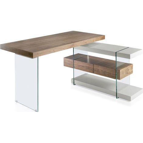 Bureau bois côtés en verre trempé et deux étagères laqué - Noyer, gris perle (1/5)