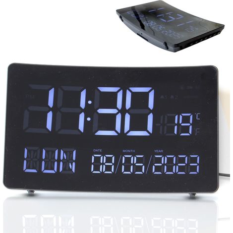 Horloge Curve XXL FISHTEC Écran Incurvé Heure Date Température 2 Alarmes Snooze (1/5)