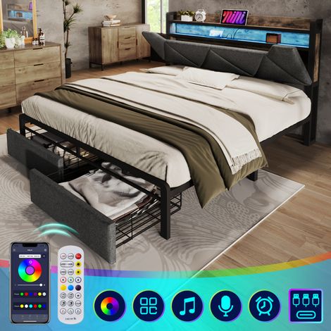 Lit double 160x200 – USB-C – Tête rangement – LED + tiroirs – Sommier métal – Gris – Sans matelas (1/5)