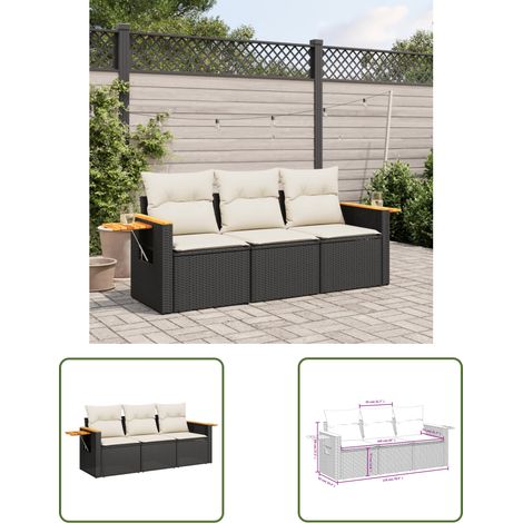 The Living Store Salon de jardin 3 pcs avec coussins noir résine tressée - Ensemble Salon De Jardin - Canapé Extérieur - Mobilier De Jardin - Résine Tressée - Rotin Synthétique (1/3)