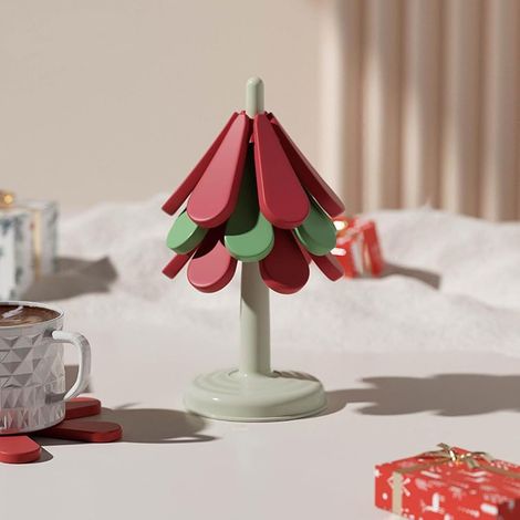 Sottopentola pieghevole in silicone per albero, sottopentola per albero di Natale, set di 3 sottopentola a forma di albero, cuscinetto riscaldante multifunzionale per la casa (rotondo) (1/4)