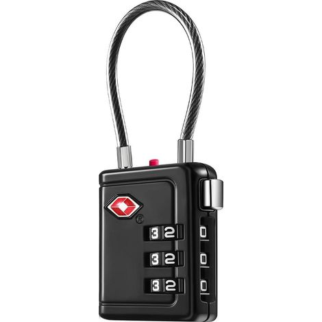 TSA Zahlenschloss mit Kabel, 3-stellig, schwarz, für Koffer und Rucksäcke