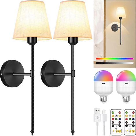Lot de 2 appliques murales sans fil RGB avec télécommande, batterie rechargeable 6000 mAh, pour chambre et salon, noir (1/5)