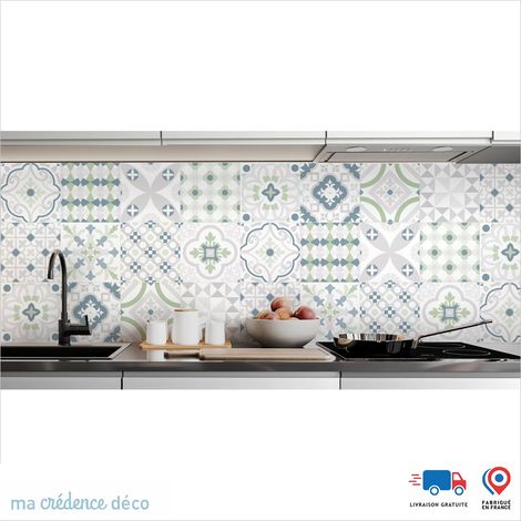 Crédence : Carreaux ciment colorés - Couleur Vert blanc - Alu composite - 60 - 120 (1/3)