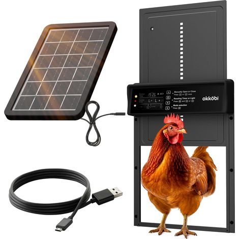 Porte Automatique Poulailler Solaire - Ecran LCD - Télécommande, capteur de lumière et minuterie - Sécurité et tranquillité d'esprit : Fonction Anti-pincement - Protection 5 Ans - Noir