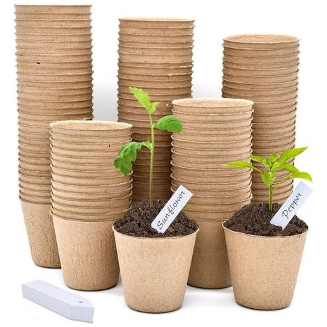 100 Stück Abbaubare Anzuchttöpfe runde Fibre Töpfe Ø 8 cm, 100 Stück weiß Plastik Pflanzenetiketten 1 x 5 cm (1/5)