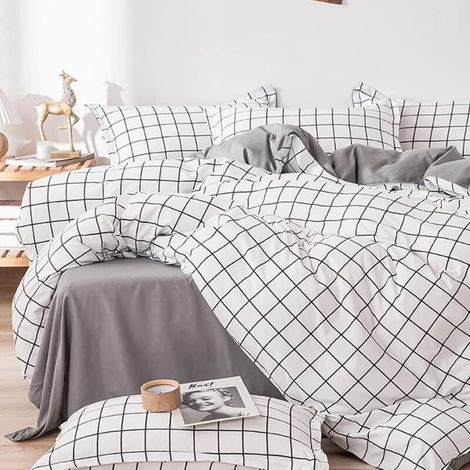 Housse de Couette 200x230 à Carreaux - Parure de Lit en Microfibre Réversible Blanc et Gris avec Fermeture éclair - Linge de Lit Adulte 2 Personnes Taie d'oreiller 50 x 75 cm (1/4)