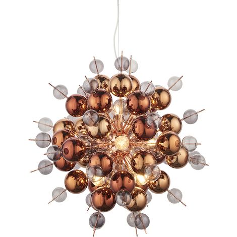 Merano Pavia Plafonnier à 9 lampes en plaque de cuivre avec miroir en cuivre et verre teinté