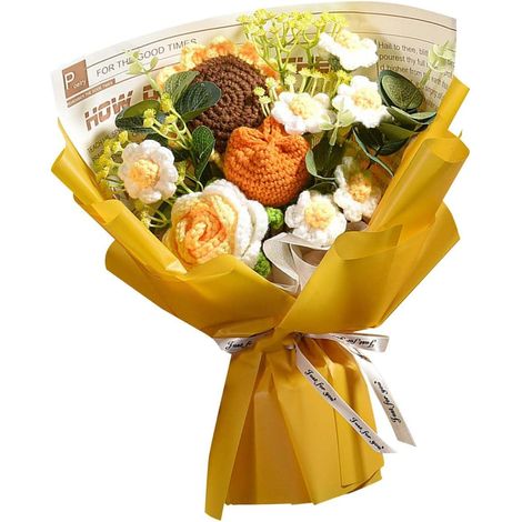 Bouquet de fleurs artificielles au crochet, roses et marguerites tricotées, cadeau d'anniversaire ou de Saint-Valentin, décoration intérieure à faire soi-même, jaune-AquaForge (1/5)