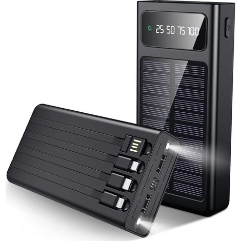 Batterie externe solaire SiGN puissante avec câbles intégrés, 20 000 mAh - Noire