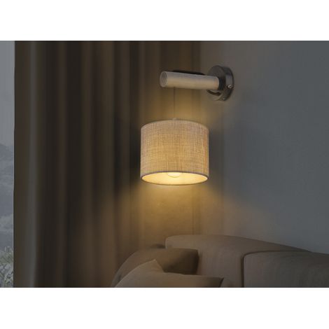 LED Wandleuchte mit Schalter, Holz und Stoffschirm Grau, Höhe 33,5cm (1/5)