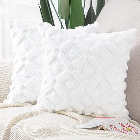 Lot de 2 Housses de Coussin Peluche Luxe Blanc 45x45cm, Douces et Confortables pour Canapé et Chambre