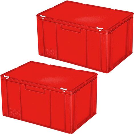 BRB Lot de 2 boîtes Euro avec couvercle, empilables, qualité alimentaire, L x l x H : 600 x 400 x 330 mm, 63 l, PE-HD, rouge