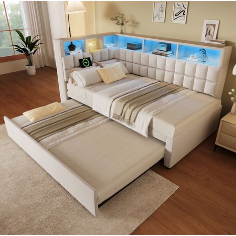 Letto imbottito moderno 90x200 cm con letto estraibile 90x190, testiera a L con LED, Bluetooth, USB e Type-C, beige (1/5)