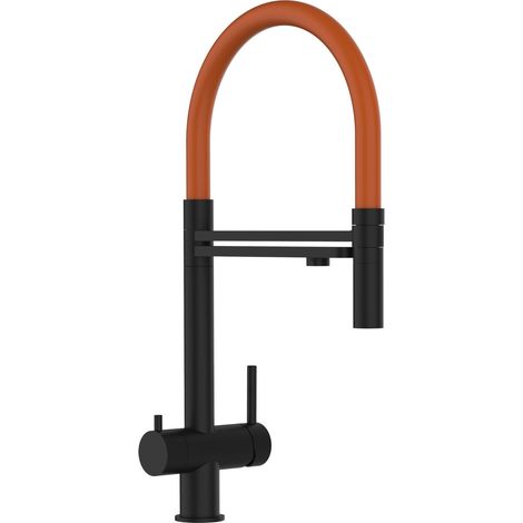 Rubinetto 3 VIE miscelatore lavello cucina in ACCIAIO INOX, canna girevole 360° e doccetta 2 getti movibile, PVD Nero Opaco / Arancione (1/5)