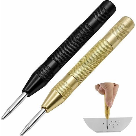 Set di 2 punzoni centrali automatici Ulisem, punzone centrale automatico a impatto regolabile, punzoni centrali a molla per legno, pareti, plastica, metallo, acciaio inossidabile, vetro (1/5)