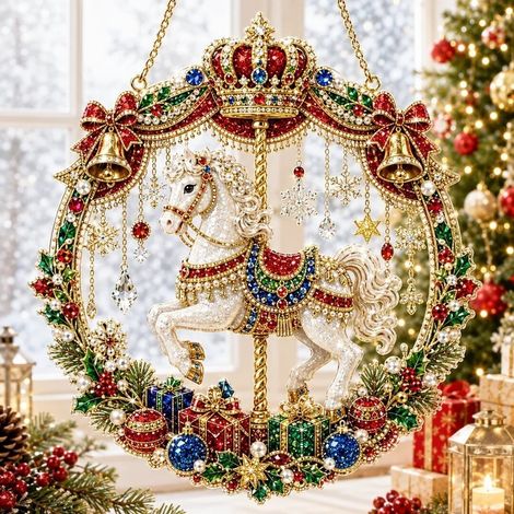 Nouvelle peinture diamant de Noël - Attrape-soleil - Cheval de carrousel blanc - 15 cm