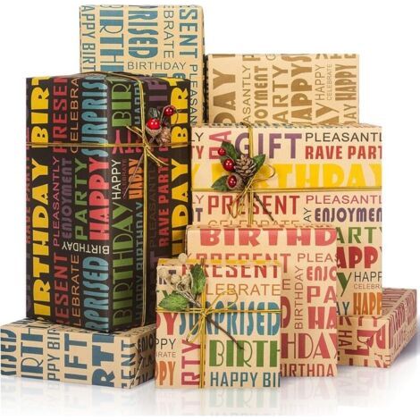 Papier Cadeau Kraft, Papier Anniversaire d'Emballage, Emballage Cadeau Papier Rétro, Papier Cadeau Anniversaire Enfant et Homme pour Toutes D'anniversaire Les Occasions (5 Feuilles,70x50cm) (1/5)