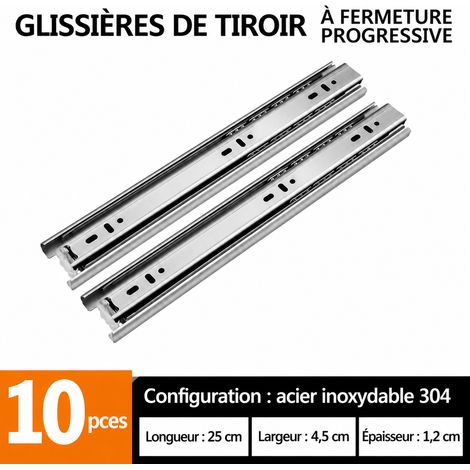Coulisse de tiroir télescopique 3 sections en acier inoxydable 304 extra épais silencieux 25 cm 304 acier inoxydable 10 25 × 1 × 1 cm 670 g – Livraison gratuite